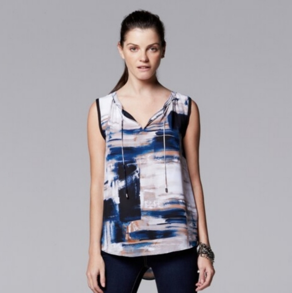 Simply Vera Sleeveless Blouse In Navy & Beige Brushstroke Style Print New